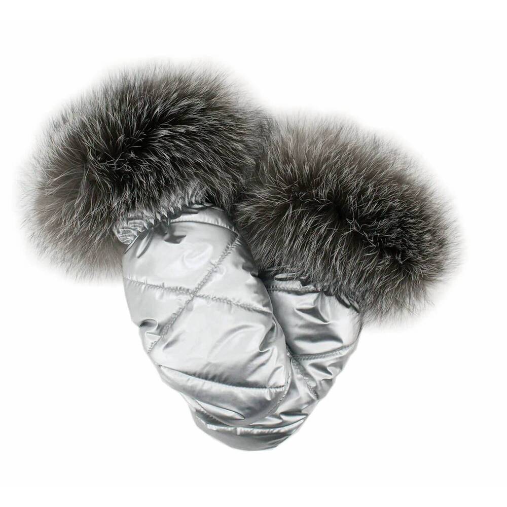 NEW MITCHIE'S MATCHINGS women's leather mittens with fur trim in silver metallic